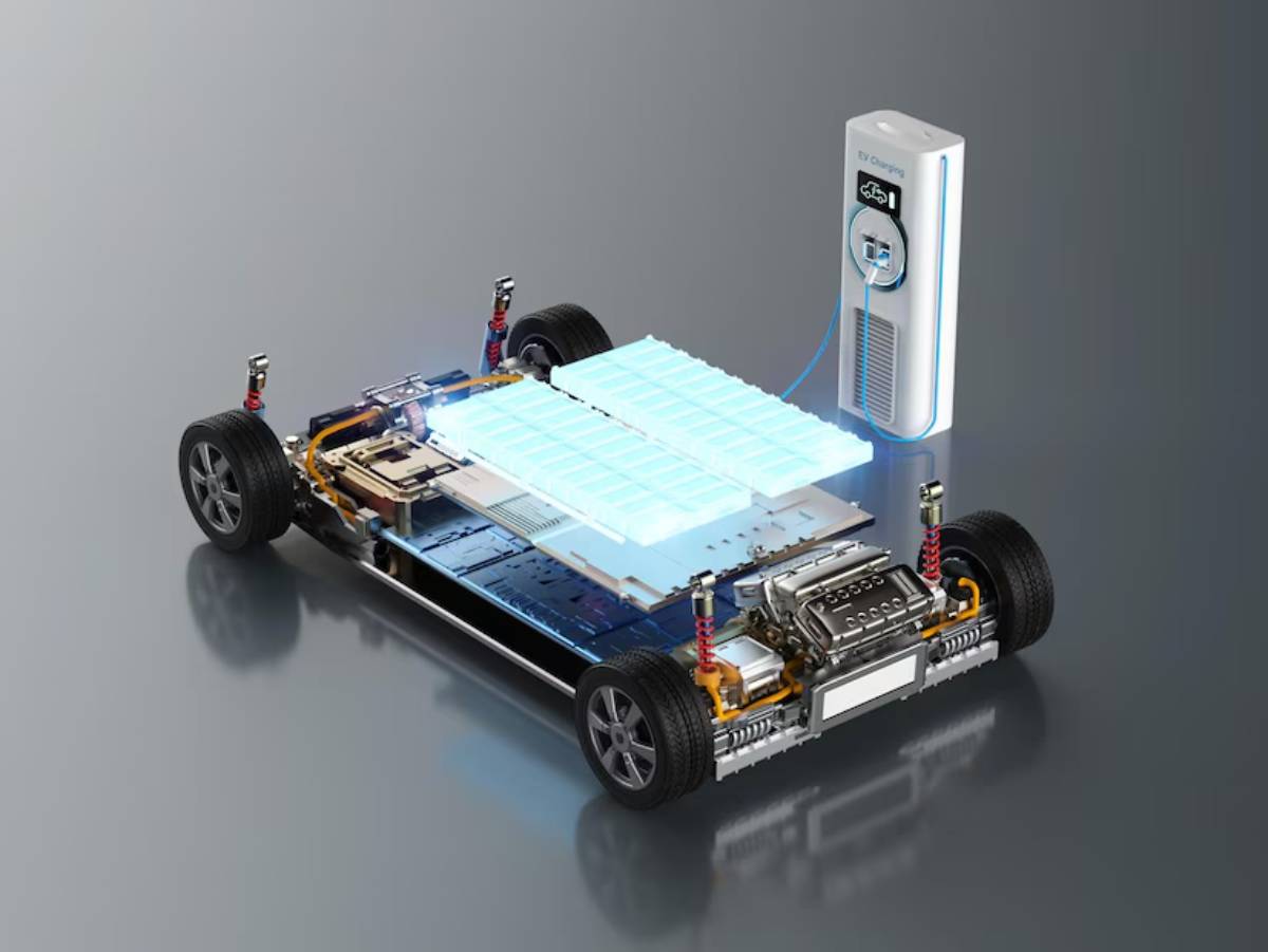 Diagram of a futuristic electric vehicle battery system with illuminated battery pack and charging station, showcasing advanced technology.