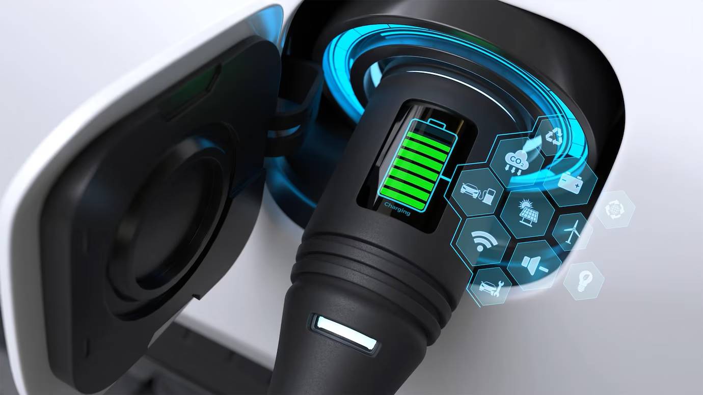 Close-up of an electric vehicle charging port, displaying a battery level indicator and smart energy icons around it.