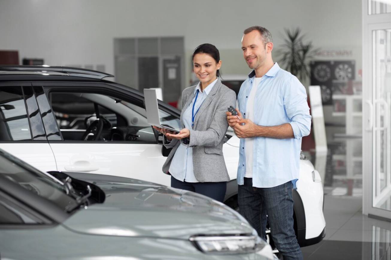 A car dealer and a customer discuss options in a Garages, with several cars displayed in the background.