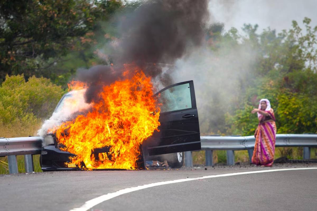 A car is engulfed in flames by the roadside, emitting thick black smoke, while a woman in traditional attire observes in concern.