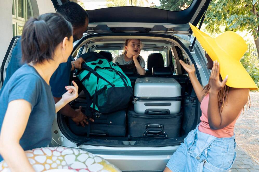 A group of friends is packing a car with luggage, including a teal backpack and a silver suitcase, while enjoying their time together.