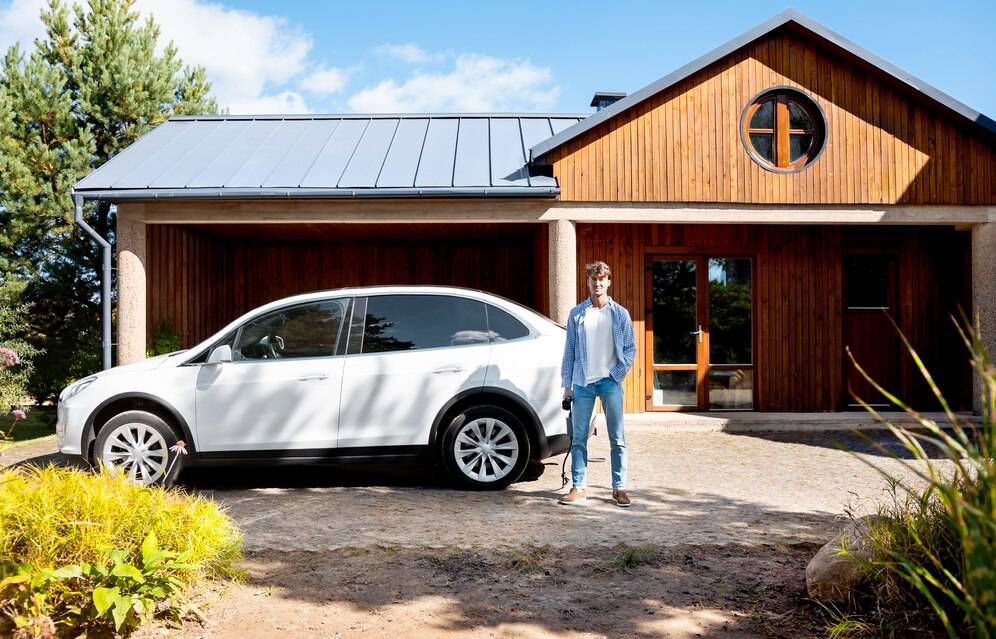 A stylish white SUV is parked in front of a modern wooden house surrounded by greenery and a clear blue sky.