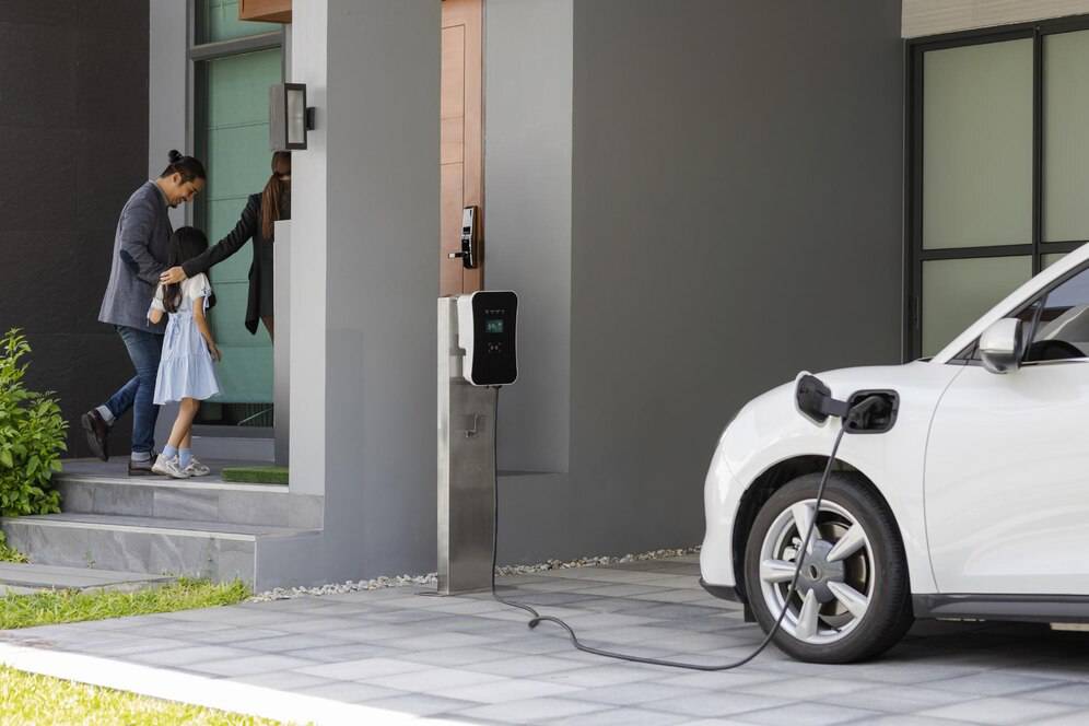 A white electric car is charging on a driveway as a parent and child approach a modern home, surrounded by greenery.