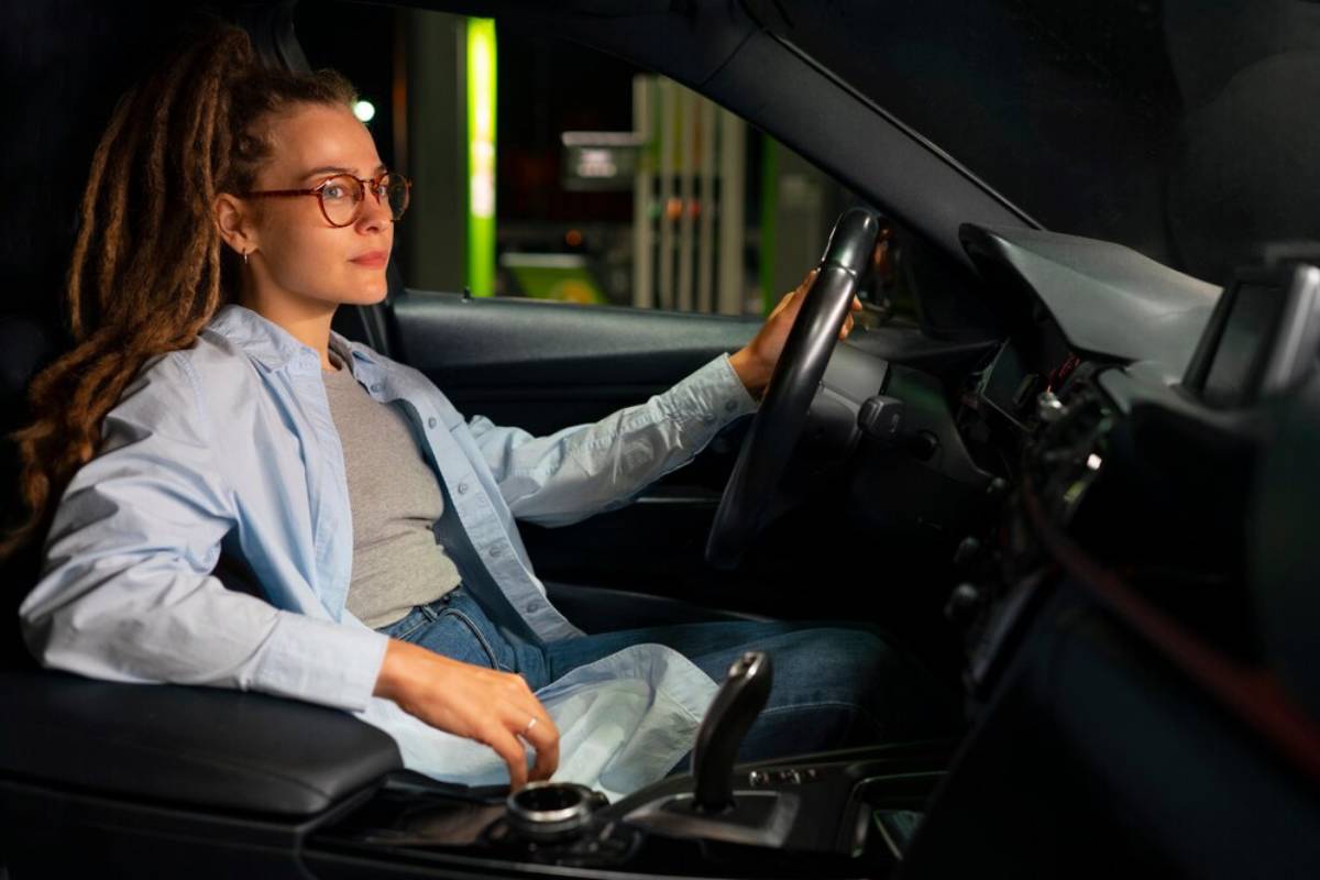 A person with long, styled hair sits casually in the driver's seat of a car, dressed in a light shirt and jeans, focused on their surroundings.