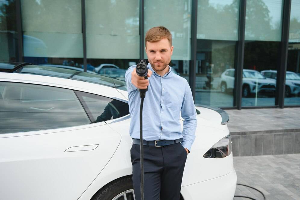 A young person stands confidently next to a white car, holding a hose or nozzle, in a modern outdoor setting with glass windows.