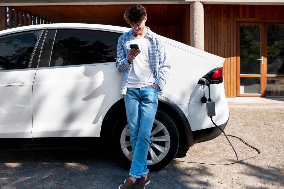 A young person stands beside a white electric vehicle, checking their phone while the car is charging in a residential area.