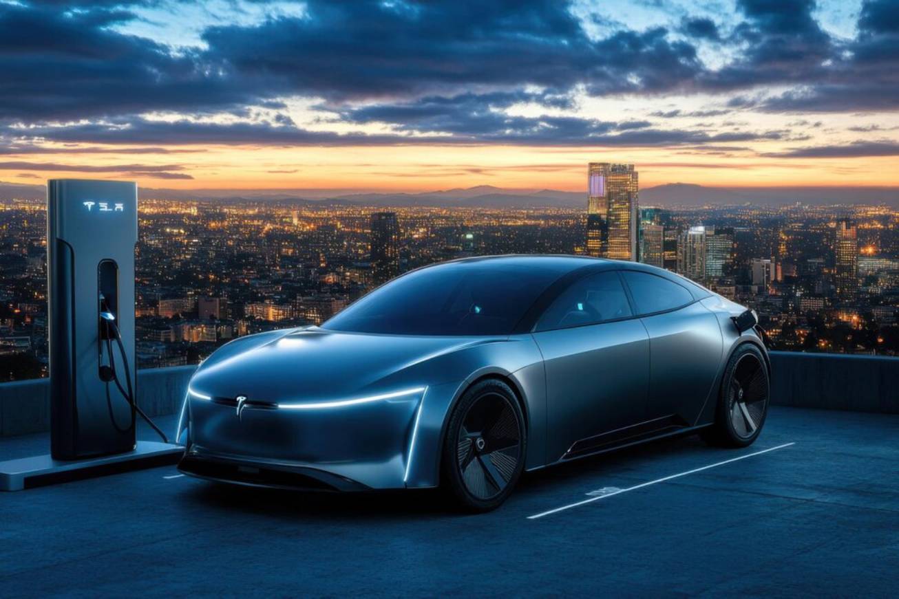 A sleek, futuristic Tesla electric car charges beside a charging station, overlooking a vibrant city skyline at sunset.