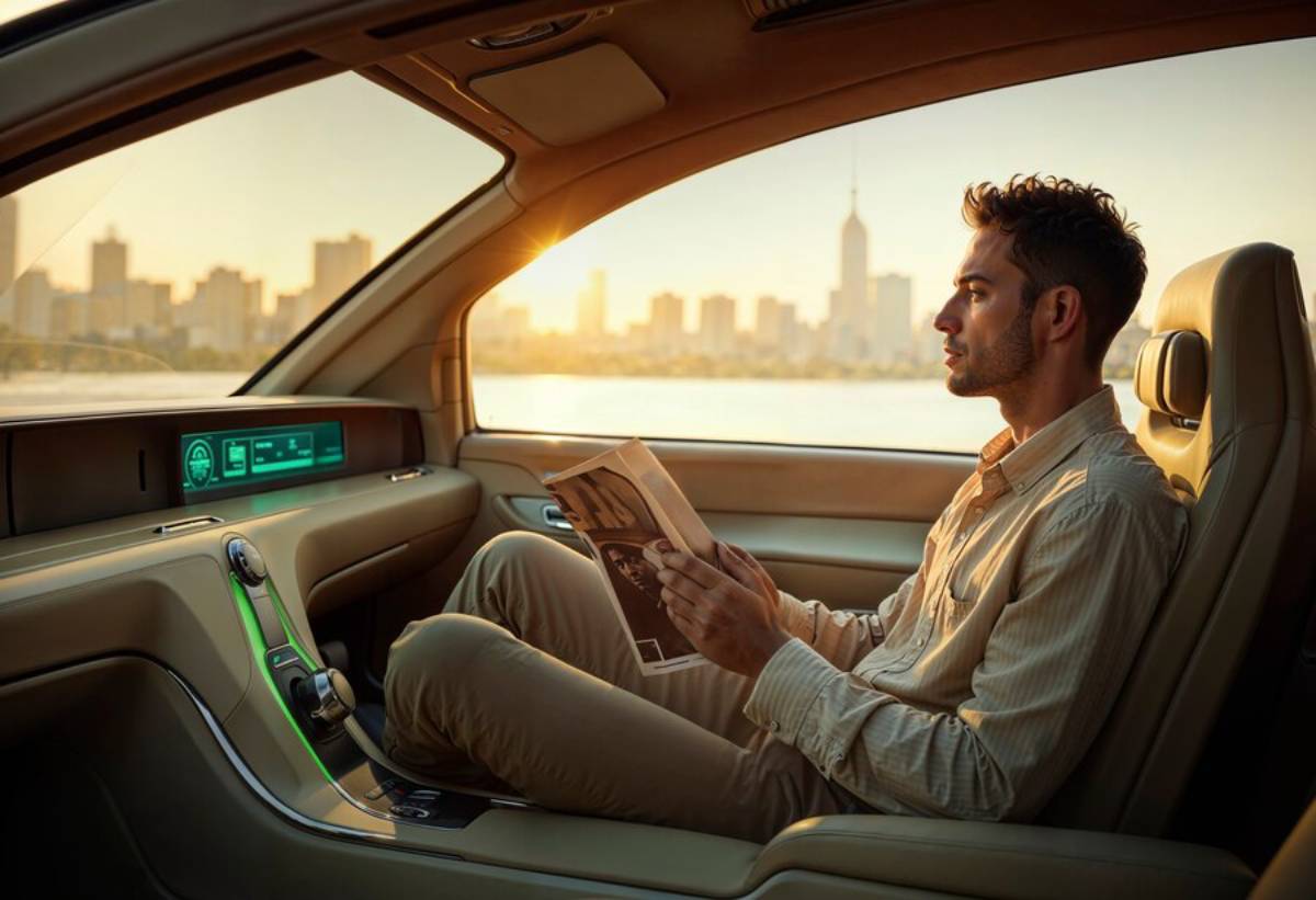 A person sits comfortably in a sleek, modern car, reading a book with a sunset view of a city skyline through the window.