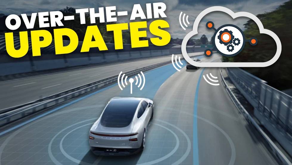 A modern car on a smart highway, connected to the cloud for over-the-air updates, enhancing its technology and performance.