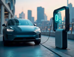 A modern electric car is charging at a sleek EV station against a city skyline at dusk.