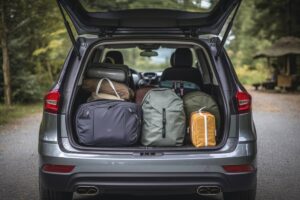 A packed SUV trunk with various bags and gear for a road trip, set against a scenic outdoor background.