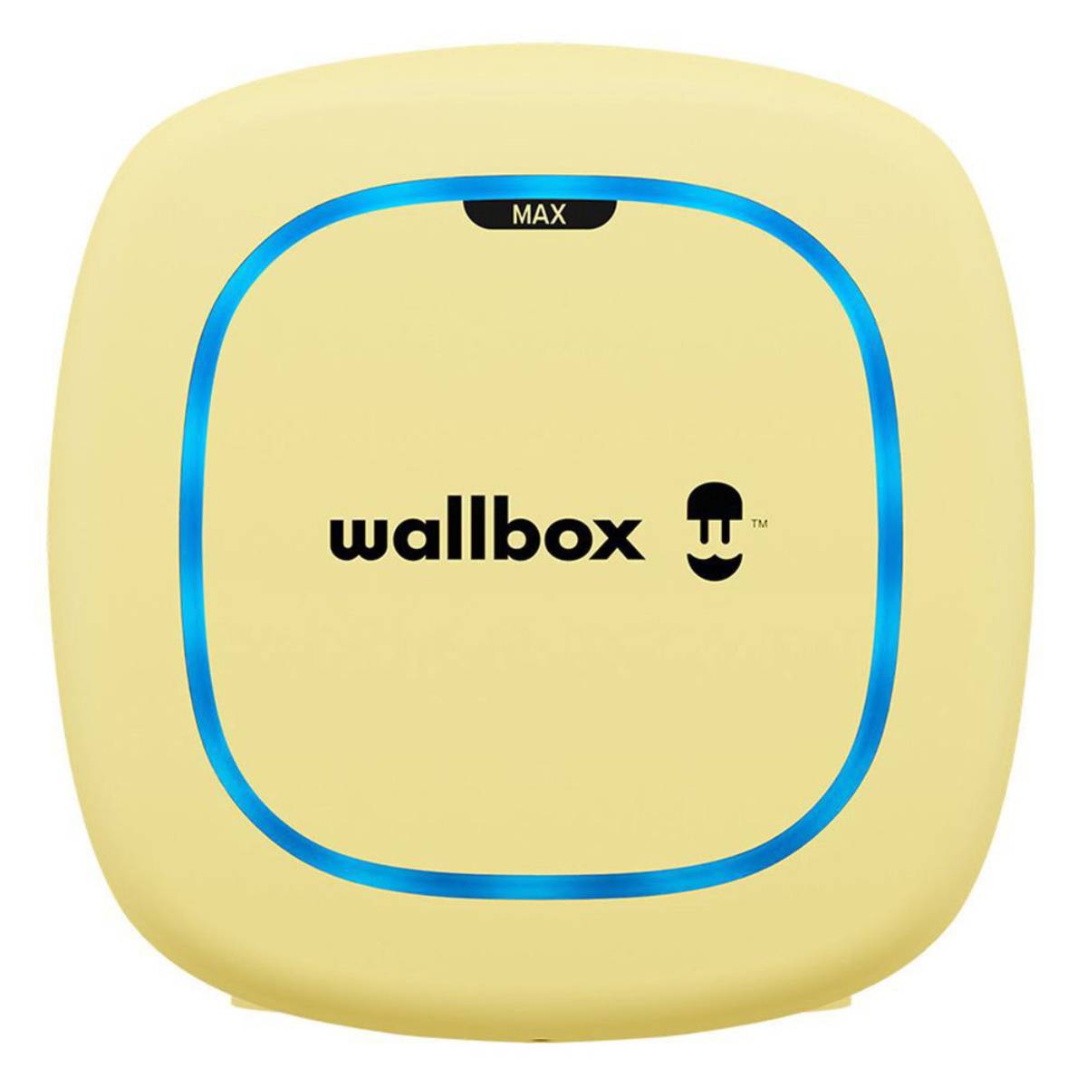 Wallbox EV charger in a bright yellow case with a blue LED outline for home electric vehicle charging.